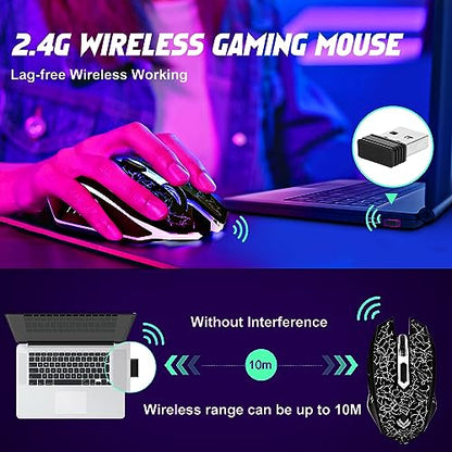 Wireless Gaming Mouse, Rechargeable Wireless Computer Mouse, 7-Color LED Light, Ergonomic Mouse with 6 Silent Click Buttons, 3 Adjustable 2400 DPI Wireless Mouse for Laptop,PC,Mac, Black - color: BLack