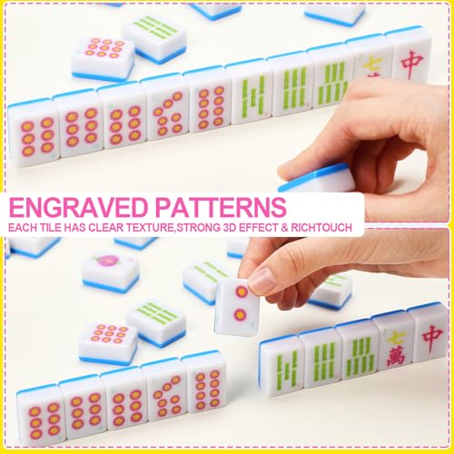 Soulchen American Mahjong Tiles Accessories Set 160 Pieces 1.2 Inches Carving American Mahjong Tiles Game Set with Blue Waterproof PVC Clear Zippered Storage Holder Bag for Game Lover Gift - color: Light Blue, style: Lanterns
