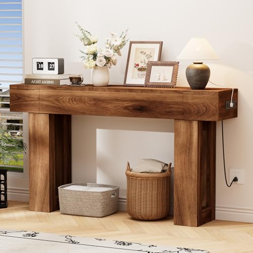 63 Inch Long Console Table w/Outlets & USB Ports, Narrow Rectangular Sofa Table Behind The Couch, Farmhouse Entryway Table for Entrance, Hallway, Living Room(Brown with Outlet) - color: Brown, style: With Socket