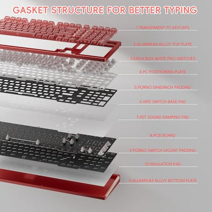 kutethy KY98 Wireless Mechanical Keyboard with Transparent Keycaps,Full Aluminum CNC,Hot-swappable,Pre-lubed Clicky Switches,Gasket Structure,RGB Backlit,BT5.0/2.4G/USB-C Wired (Red) - color: Red