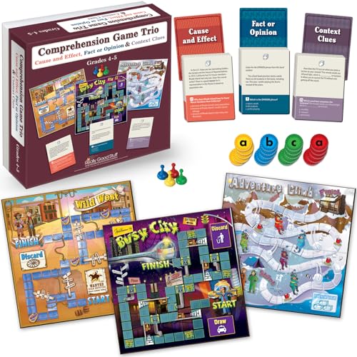 Really Good Stuff Reading Comprehension Board Game Trio, Grades 4-5 | Cause and Effect, Fact or Opinion & Context Clues, Set of 3 Games - size: Grades 4-5, style: Cause and Effect, Fact Or Opinion & Context Clues