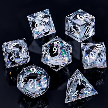 WizardsAracanum Cat Liquid Quicksand DND Dice Set Resin 7Pcs Dice DND with an Iron Box for DND COC Role Playing dice Games and Board Games Gift (Glitter Rainbow Black Cat) - color: Rainbow Giltter Black Cat