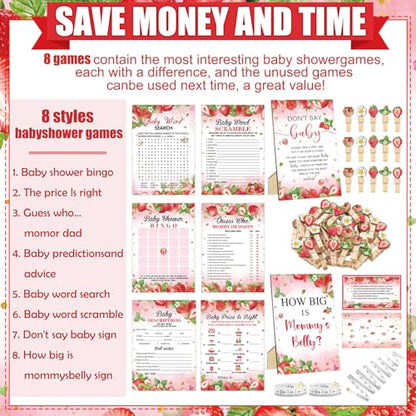 Funnymoom 426 Pcs Strawberry Baby Shower Games Set-8 Games Includes Baby Shower Bingo Price is Right Guess Who Word Scramble Prediction and Advice How Big is Mommy's Belly Don't Say the Words - color: Red, style: Strawberry
