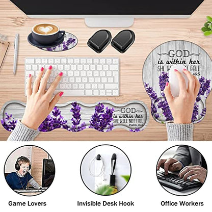 Keyboard Wrist Rest Support and Wrist Rest Mouse Pad with Non-Slip PU Base with Coaster Hook Gel Memory Mouse Pad Combo for Gaming, Office Pain Relief - Psalm 46:5 Purple Lavender - color: Psalm 46:5 Purple Lavender