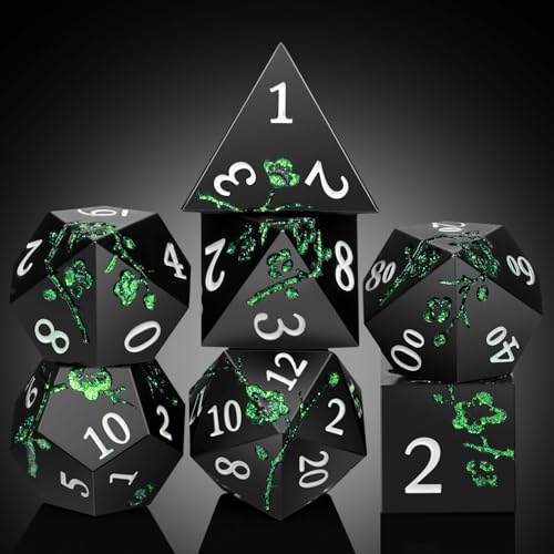 Glitter Green DND Metal Dice, DNDND 7 PCS Flower Metallic DND Dice Set with Gorgeous Gift Case for Dungeons and Dragon Tabletop Game (Matte Black with Glitter Green Flower) - color: Flower Glitter Green