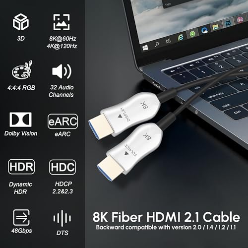 8K Fiber Optic HDMI 2.1 Cable 25ft, Active HDMI Cable Slim, High Speed Fiber HDMI Cord, 48Gbps, 8K@60Hz 4K@120Hz, Dynamic HDR, eARC, HDCP 2.2&2.3, 3D, for HDTV Monitor Game Laptop Xbox PS4/PS5 - size: 25ft/7.5m