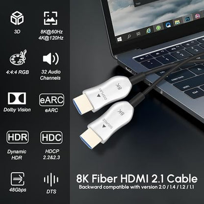 8K Fiber Optic HDMI 2.1 Cable 20ft, Active HDMI Cable Slim, High Speed Fiber HDMI Cord, 48Gbps, 8K@60Hz 4K@120Hz, Dynamic HDR, eARC, HDCP 2.2&2.3, 3D, for HDTV Monitor Game Laptop Xbox PS4/PS5 - size: 20ft/6m