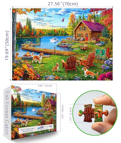 Autumn Lake House 1000 Piece Jigsaw Puzzle for Adults - Rustic Log Cabin, Dock & Fall Foliage Scenery with Dogs - Fun Landscape Challenging Gift for Game Night 27x20 Inches - color: Colorful Lake House