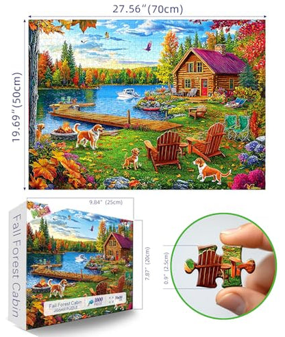 Autumn Lake House 1000 Piece Jigsaw Puzzle for Adults - Rustic Log Cabin, Dock & Fall Foliage Scenery with Dogs - Fun Landscape Challenging Gift for Game Night 27x20 Inches - color: Colorful Lake House