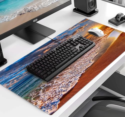 Sunset Beach Large Gaming Mouse Mat with Stitching Edges, Office Desk Mat | Large Extended Mouse Pad; Full Desk Coverage; Waterproof Coating; Stable Anti-Slide Base For Gaming, Office, Study Daily Use - color: Beach at Sunset