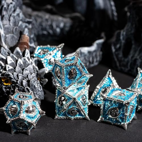 Metal DND Dice Set Blue Dragon Eye Metal Dice Set for Tabletop Games | Leather Storage Bag, DM Gift, for Dungeons and Dragons Role Playing Games - color: Dragon-silver Blue