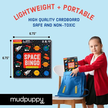 Mudpuppy Space Bingo – Outer Space Version of Travel-Friendly Magnetic Board Game with Adorable Illustrations of Planets for Children Ages 4 to 10, 2-6 Players - style: Space Bingo