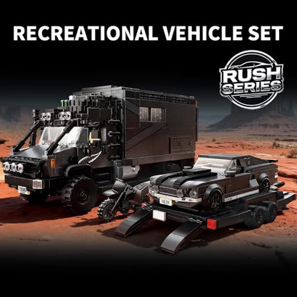 APAWR Black RV Car Building Blocks Toys Boys or Adults Kits，Rotatable Side Door & Quick-Release Roof, Liftable Tailgate Model Detailed Interior Furniture Building Set Raceing Car Model 2135 Pieces - color: Black