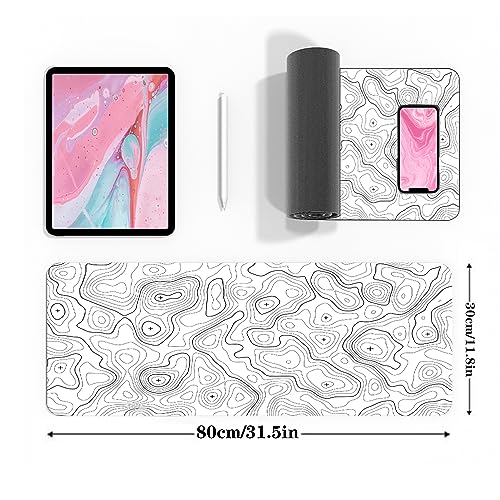 Topographic Large Gaming Mouse Pad,White Mouse Pad Gaming Mouse Mat Desk Pad,31.5 x 11.8 Desk Mat Minimalist Mouse Pads for Desk,Extended White Keyboard Mousepad with Non-Slip Base and Stitched Edge - color: White Topographic Contour