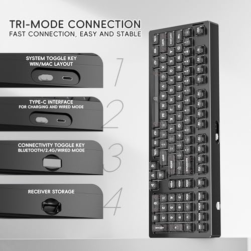 kutethy KY98 Wireless Mechanical Keyboard with Transparent Keycaps,Full Aluminum CNC,Hot-swappable,Pre-lubed Clicky Switches,Gasket Structure,RGB Backlit,BT5.0/2.4G/USB-C Wired (Black) - color: Black