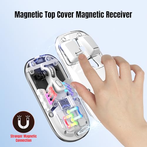 Wireless Bluetooth Mouse, Transparent BT + 2.4G Dual-Mode Mechanical Mouse with Magnetic Top Cover, Rechargeable RGB Backlit Gaming Mouse for Gaming/Esports/Desktop/Laptops/Tablets (White) - color: White
