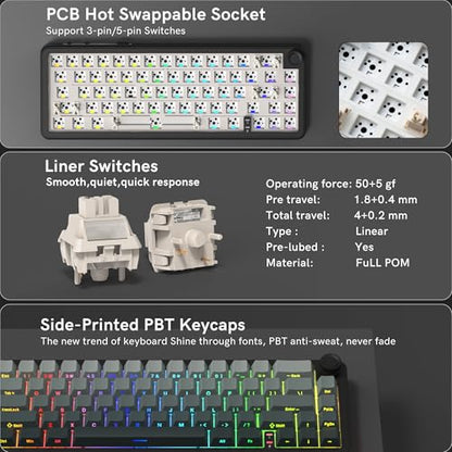 womier L65 60% Mechanical Keyboard Wireless with Knob, Black Gaming Keyboard 4000mAh Battery, Tri Mode USB-C/BT5.0/2.4G Gasket Mounted Key Board RGB Hot Swappable with Gradient keycaps-Linear Switch - color: Black