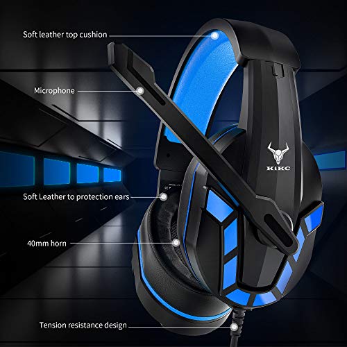 Kikc Gaming Headset with Mic for PS4, PS5, Xbox, PC, Switch, Controllable Volume Gaming Headphones with Soft Earmuffs for Mobile Phone, iPad, and Notebook, 40mm Drivers, 3.5 mm Audio Jack-Blue