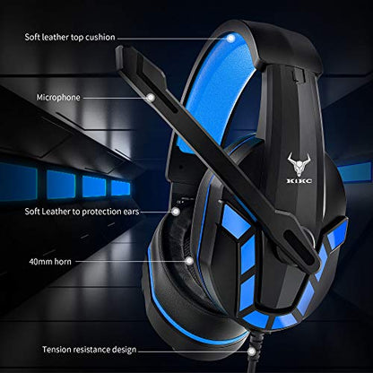Kikc Gaming Headset with Mic for PS4, PS5, Xbox, PC, Switch, Controllable Volume Gaming Headphones with Soft Earmuffs for Mobile Phone, iPad, and Notebook, 40mm Drivers, 3.5 mm Audio Jack-Blue
