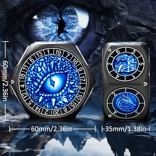 ZHOORQI 8-in-1 DND Dice Set – Metal Spinner Dice with Dual D20, 3D Monster Engravings & Smooth Spinning – Perfect for TTRPG, D and D Dungeons and Dragons Gifts(Black Dice- Blue) - color: Black Blue