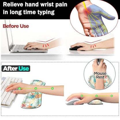 Large Gaming Mouse Pad+ Keyboard Wrist Rest Set, Ergonomics Memory Foam Mouse Mat Wrist Rest Support for Home Office, Waterproof Extended Mousepad 31.5x11.8in, Pineapple Leaf White Desk Pad - color: Yvb-mousepad-9-f-155