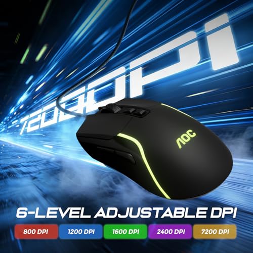 AOC Wired Gaming Mouse, 7200DPI RGB Ergonomic Computer Mouse with Optical Sensor Game Corded Mouse, 7 Programmable Buttons, USB Gaming Mice for Laptop, PC GM170