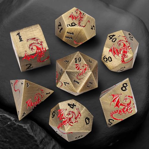Metal Dice Set, Flat Face Design Dragon Pattern, 7pcs Polyhedral Metal DND Dice Set, DND Starter Set, D&D Gifts with Gift Box, Role Playing Board Games Accessories, Bronze - color: Bronze