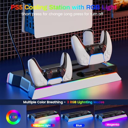 PS5 Cooling Station Stand RGB with Dual Controller Charging Station for PlayStation 5 Console, PS5 Accessories Incl. Controller Charger, Cooling Fan, Headset Holder, 3 USB Hub - color: Black & white