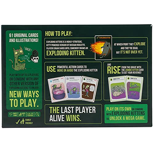 Exploding Kittens Zombie Kittens Card Game, 2-5 Players, Ages 7+ | Explode, come back from the dead, and get revenge! Dead players rejoin in this quick-to-learn Zombie Kittens card game. - style: Zombie Kittens
