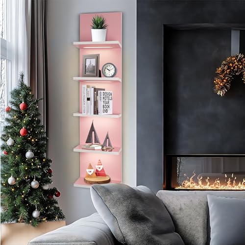 5 Tier Pink Wall Shelf Unit | Wall Shelves for Bathroom, Bedroom, Vanity, Wall Mount Vertical Lack Shelf, With LED - color: Pink