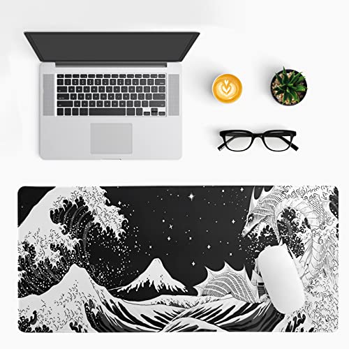 Black and White Japanese Wave Dragon Gaming Mouse Pad - Abstract Mat with Non-Slip Rubber Base, 31.5x11.8 Inch, Stitched Edges - Desk Pad for Office and Home - color: Japanese Waves Sea Dragon