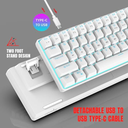 Snpurdiri Portable 60% Mechanical Gaming Keyboard (White,Red Switches) | Ice Blue LED Backlit 61 Keys Mini Wired Office Keyboard for Windows Laptop PC Mac - color: White(Ice Blue Light)/Red Switch