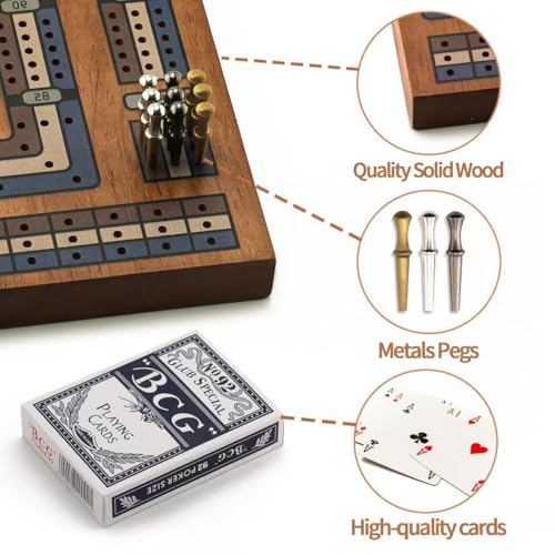 Wooden Cribbage Board Game Set, Travel Cribbage Board with Storage and Collapsible, with Magnetic Lock / 9 Metal Pegs/Full Deck of Cards, Family Board Games for Adults