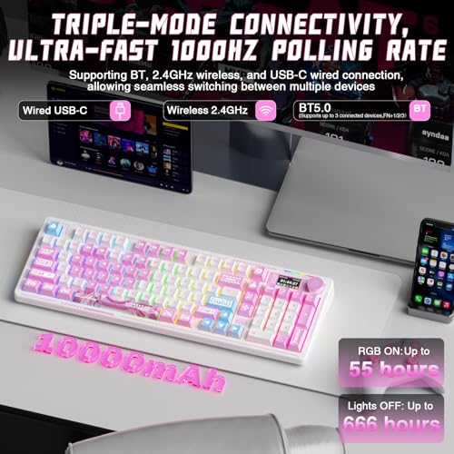 LINGBAO K98 PRO Anime Mechanical Keyboard Wireless, with Screen & Knob,RGB Gaming Keyboard, Tri-Mode BT5.0/2.4GHz/USB-C, Gasket Mount Hot Swappable Linear Switches Gamer Keyboards for PC/Mac/Android - color: K98Pro | 10000mAh | Anime Pink
