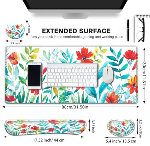 Large Gaming Mouse Pad+ Keyboard Wrist Rest Set, Ergonomics Memory Foam Mouse Mat Wrist Rest Support for Home Office, Waterproof Extended Mousepad 31.5x11.8in, Red Flowers White Desk Pad - color: Yvb-mousepad-9-f-156