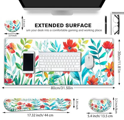 Large Gaming Mouse Pad+ Keyboard Wrist Rest Set, Ergonomics Memory Foam Mouse Mat Wrist Rest Support for Home Office, Waterproof Extended Mousepad 31.5x11.8in, Red Flowers White Desk Pad - color: Yvb-mousepad-9-f-156