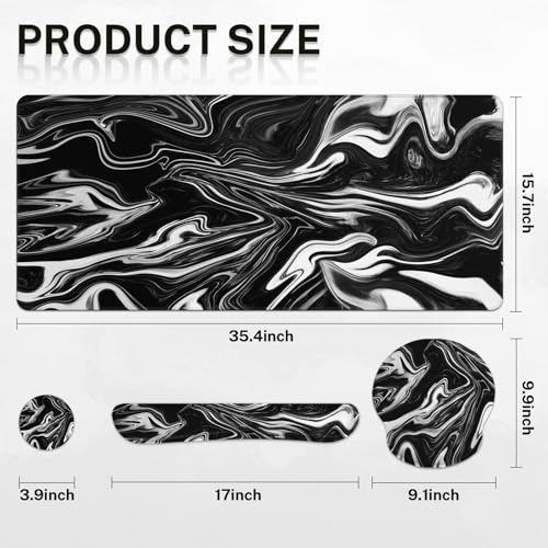 Britimes Black White Marble Keyboard Mouse Pad Set 4in1 Large Mousepad+Keyboard Wrist Rest+Mouse Wrist Rest+Coaster Ergonomic Design for Home Office Computer 35.4x15.7 inches - color: Black White Marble