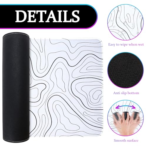 Mouse Pad Gaming Mousepad, 31.5 x 11.8in Large Desk Mat Keyboard Pads Extend Long XL Mouse Mat with Non-Slip Base Desk Accessories for Home Office Keyboard Mouse (White Topographic) - color: White Topographic