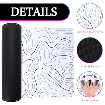 Mouse Pad Gaming Mousepad, 31.5 x 11.8in Large Desk Mat Keyboard Pads Extend Long XL Mouse Mat with Non-Slip Base Desk Accessories for Home Office Keyboard Mouse (White Topographic) - color: White Topographic