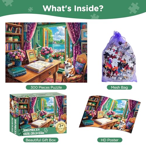 300 Pieces Puzzle for Adults, Corgi Study Book Jigsaw Puzzles for Kids Adults Seniors 300 Pieces, Glossy Sturdy Vibrant Puzzle 300 Piece, Challenging Jigsaw Puzzle Great Gift for Family Friends - style: Corgi