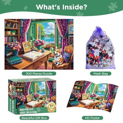 300 Pieces Puzzle for Adults, Corgi Study Book Jigsaw Puzzles for Kids Adults Seniors 300 Pieces, Glossy Sturdy Vibrant Puzzle 300 Piece, Challenging Jigsaw Puzzle Great Gift for Family Friends - style: Corgi