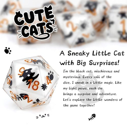Haxtec Cat DND Dice Set, White Sharp Edge Resin Polyhedral RPG Dice | Cartoon Pattern Kitty, Handmade D&D Dice with Metal Case, Dungeons and Dragons, Role Playing Games, TTRPG DND Gifts - color: White