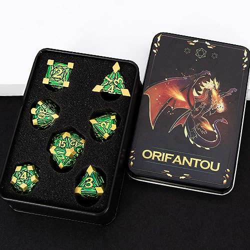 Metal DND Dice Set with Box, Debris RPG Green Golden D and D Dice for use with D&D Tabletop Games Role Playing Game Polyhedral Dice Set D20 D12 D10 D8 D6 D4 - color: Green Gold