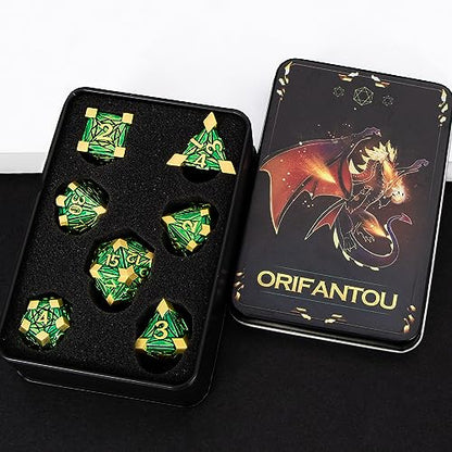 Metal DND Dice Set with Box, Debris RPG Green Golden D and D Dice for use with D&D Tabletop Games Role Playing Game Polyhedral Dice Set D20 D12 D10 D8 D6 D4 - color: Green Gold