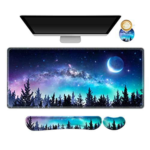 AIMSA Large Gaming Mouse Pad Set, Keyboard Wrist Rest Support + Extended Mouse Pad + Mouse Wrist Cushion + Coaster, Ergonomic Memory Foam Multifunctional Desk Mat 35x15.7inch (Forest Moon Sky) - color: Forest Moon Sky