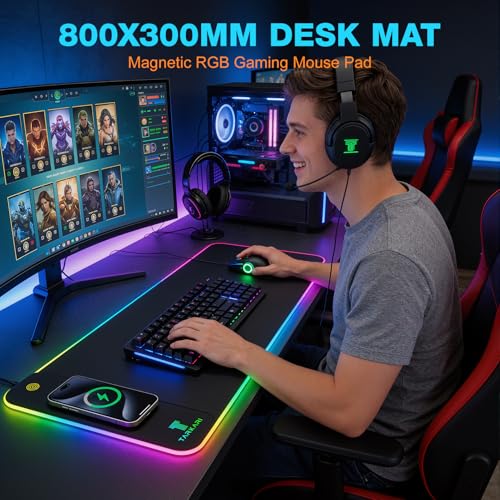 TARKARI Magnetic Wireless Charging RGB Mouse Pad, Large Gaming Desk Mat Waterproof, 31.5"x11.8" Black Mousepad, Ultra-Smooth Surface, Non-Slip Rubber Base, Desk Pad for Keyboard Laptop - color: Black