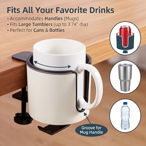 GUNKING Luxury 2-in-1 Anti-Spill Cup Holder with Under Desk Headphone Hanger (White) - color: WHITE