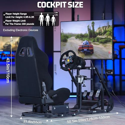 Marada Racing Cockpit with Black Seat TV Stand Fit for Logitech G923 G920 | Racing Wheel Stand Height Adjustable, with for Thrustmaster T500 T3PA TGT, for Fantec, Wheel and Pedals Not Included