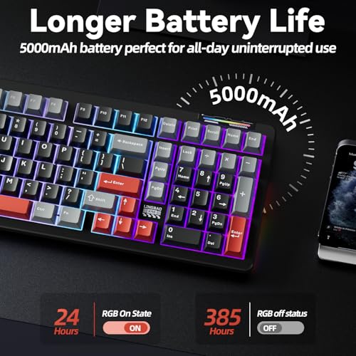 LINGBAO K98 Wireless Mechanical Gaming Keyboard, Tri-Mode BT5.0/2.4GHz/USB-C, Gasket Custom Hot-Swappable Linear Switches Creamy Keyboard with Number Pad, RGB Backlit Gaming Keyboard for PC Laptop - color: K98 | 5000mAh | Black