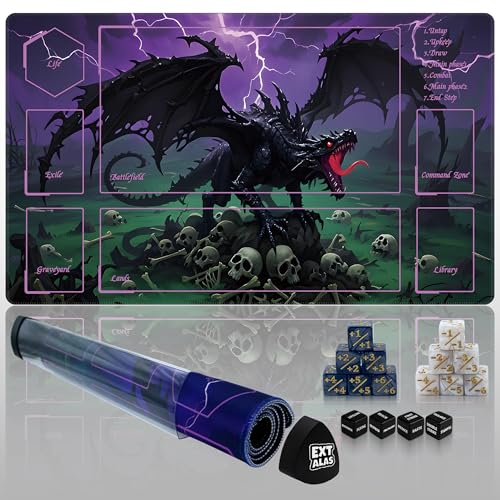 MTG Playmat with Storage Tube & 7-Dice Set - Waterproof TCG Playmat with Stitched Edges, Non-Slip Rubber Card Game Mat (24"x14") (playmat with Zones, Roaring Dragon) - color: Roaring Dragon, style: playmat with zones